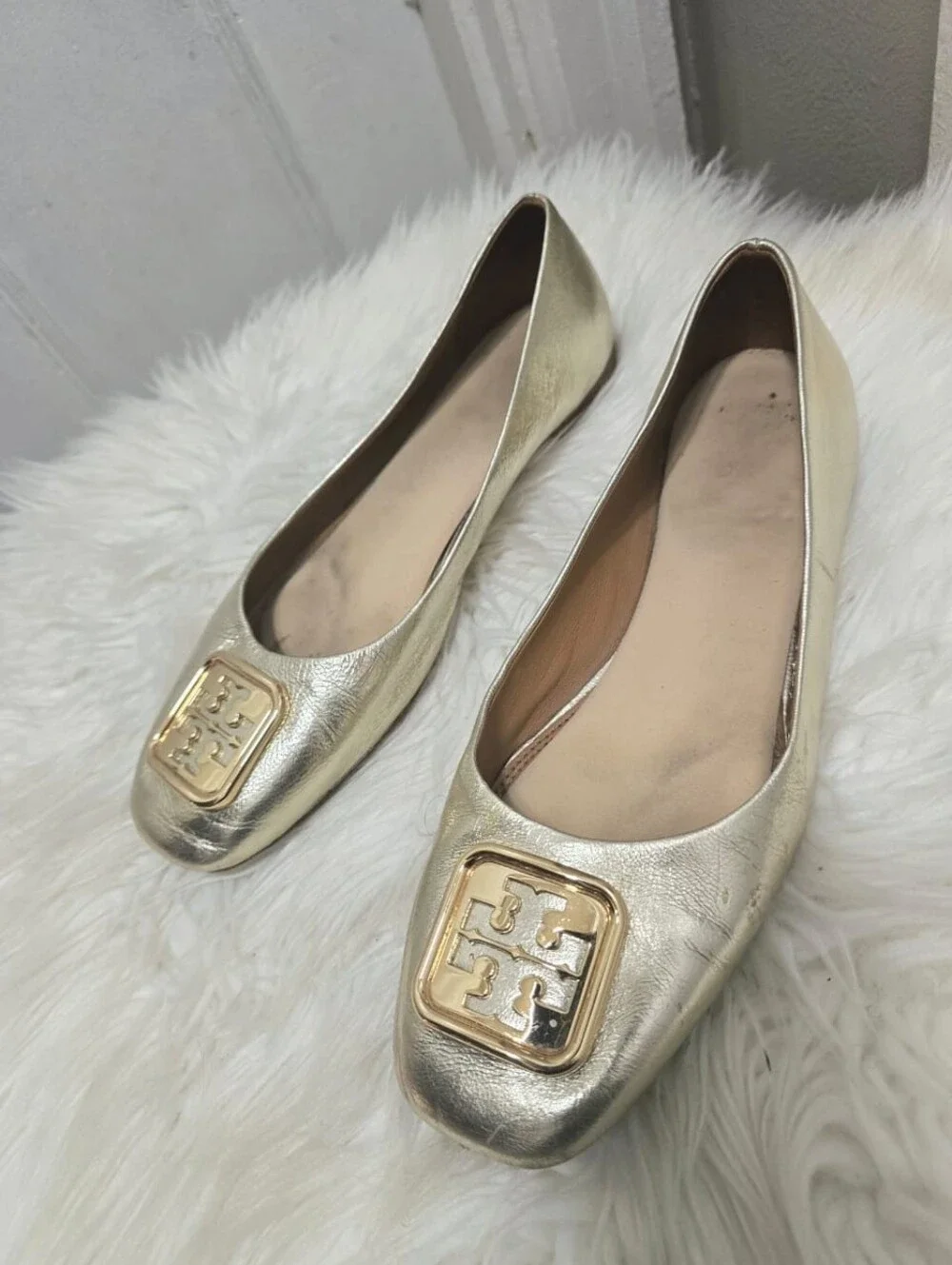 Tory Burch Georgia Leather Square Toe Metallic Gold-tone Ballet Flat Sz 7.5M